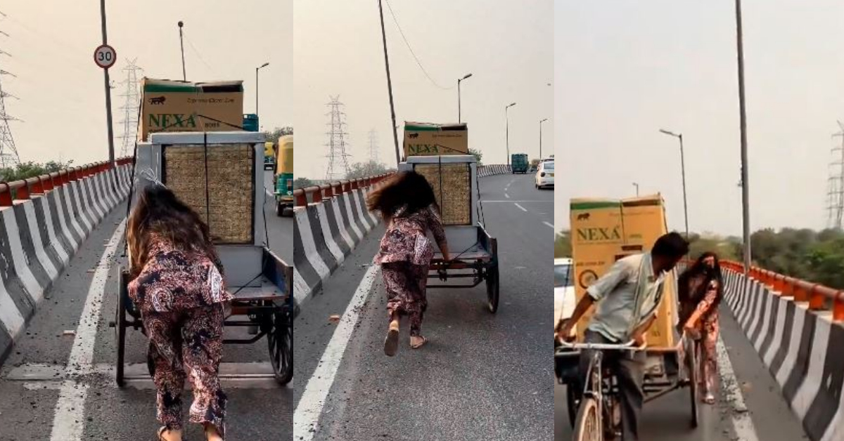 Woman Helps Struggling Rickshaw Puller